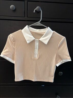 Girls' Cream Ribbed Polo Crop Top with White Collar